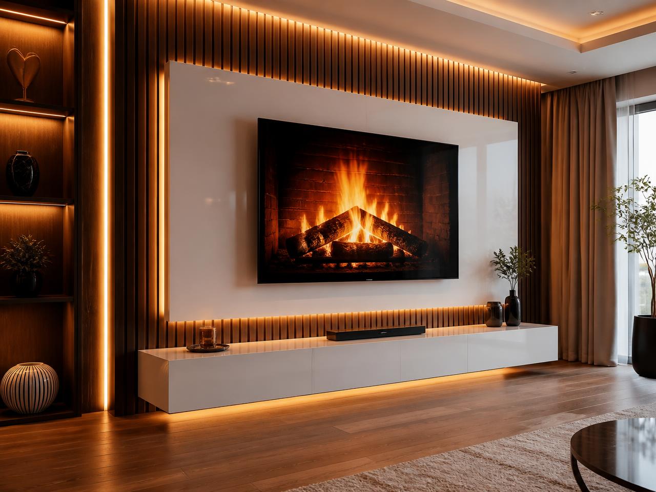Painel de TV em ripado de madeira com LED e móvel lacado branco