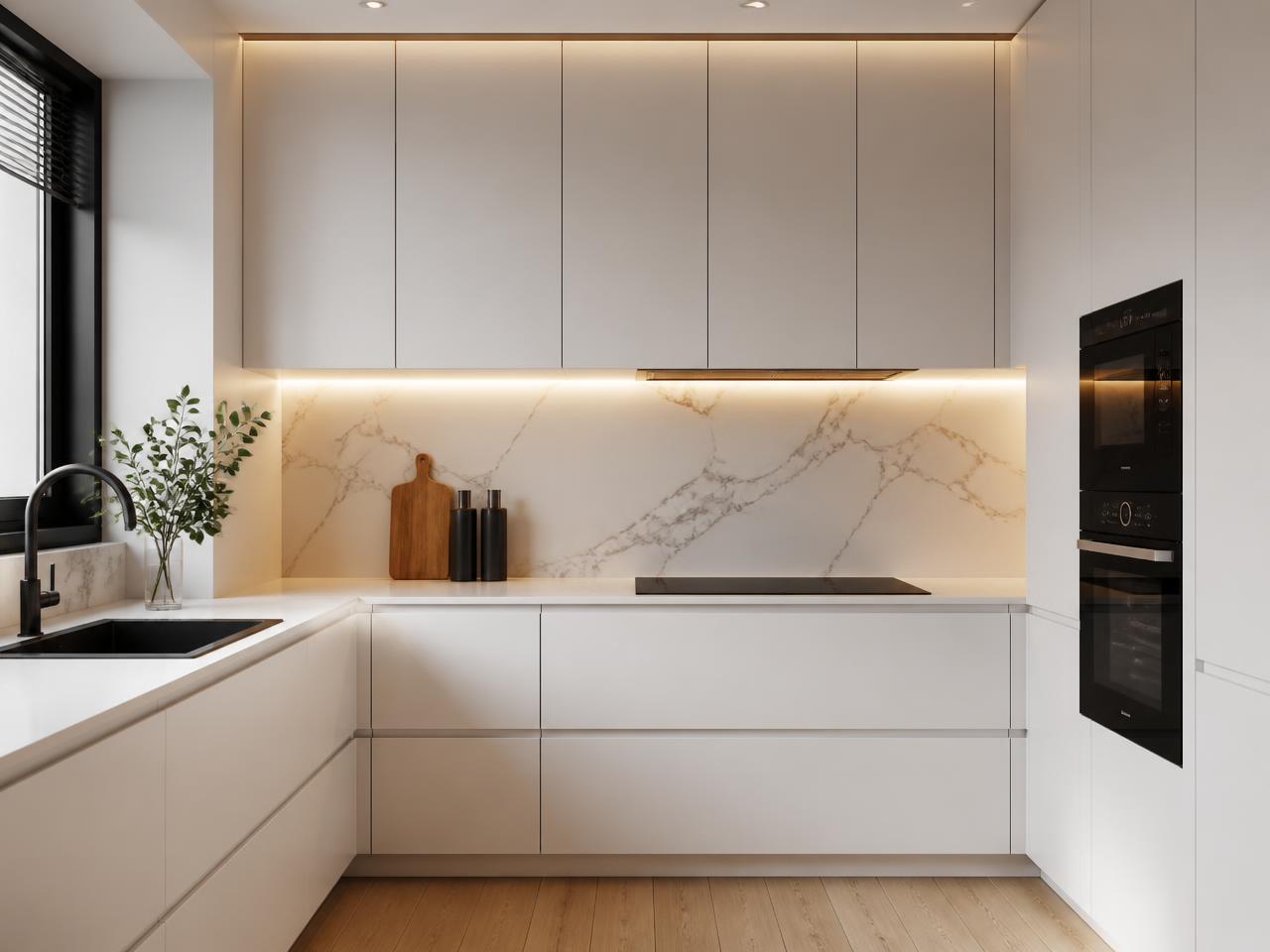 Cozinha moderna lacada branca com bancada e LED sob os armários