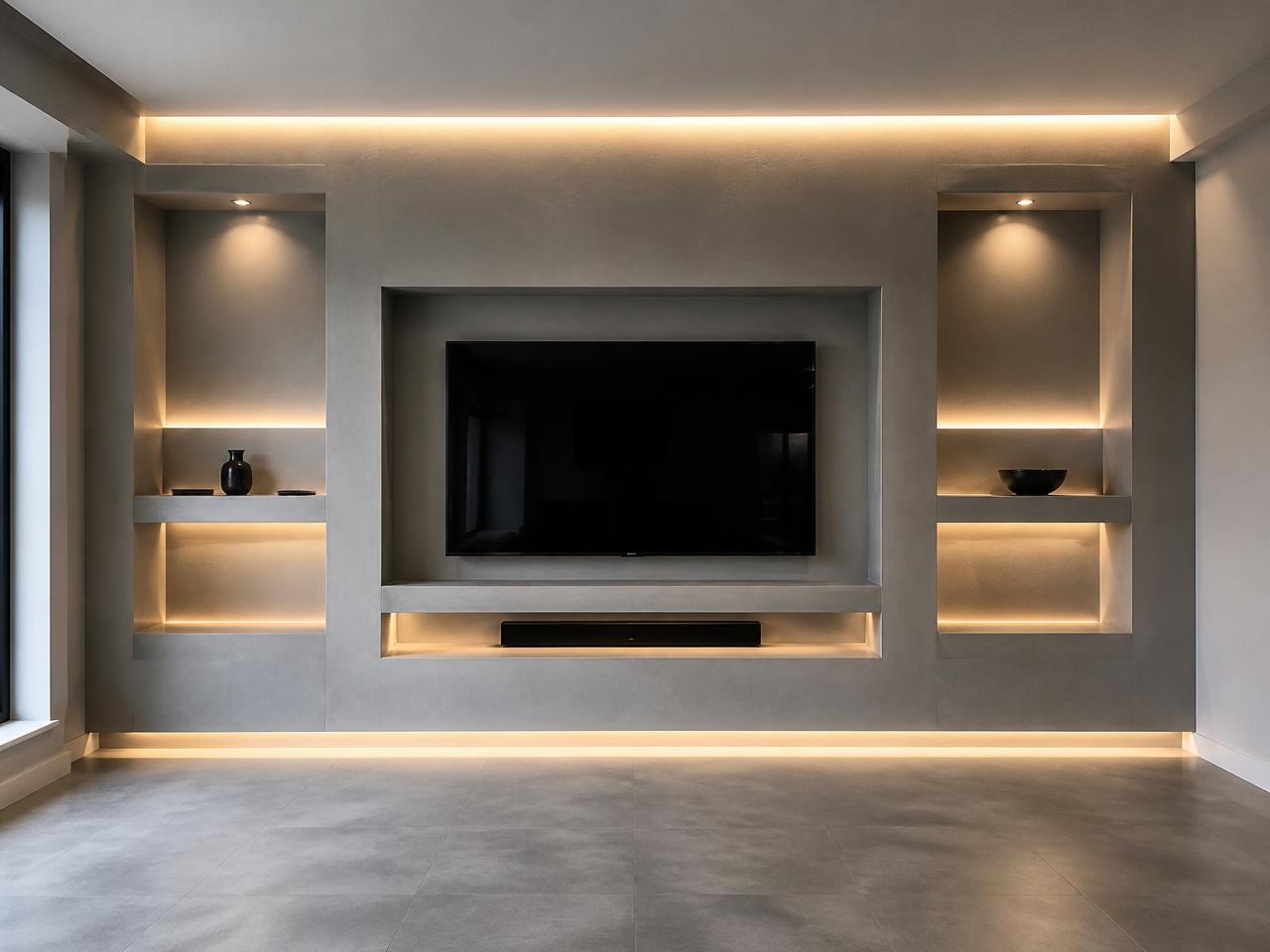 Parede em pladur com nichos iluminados e TV embutida
