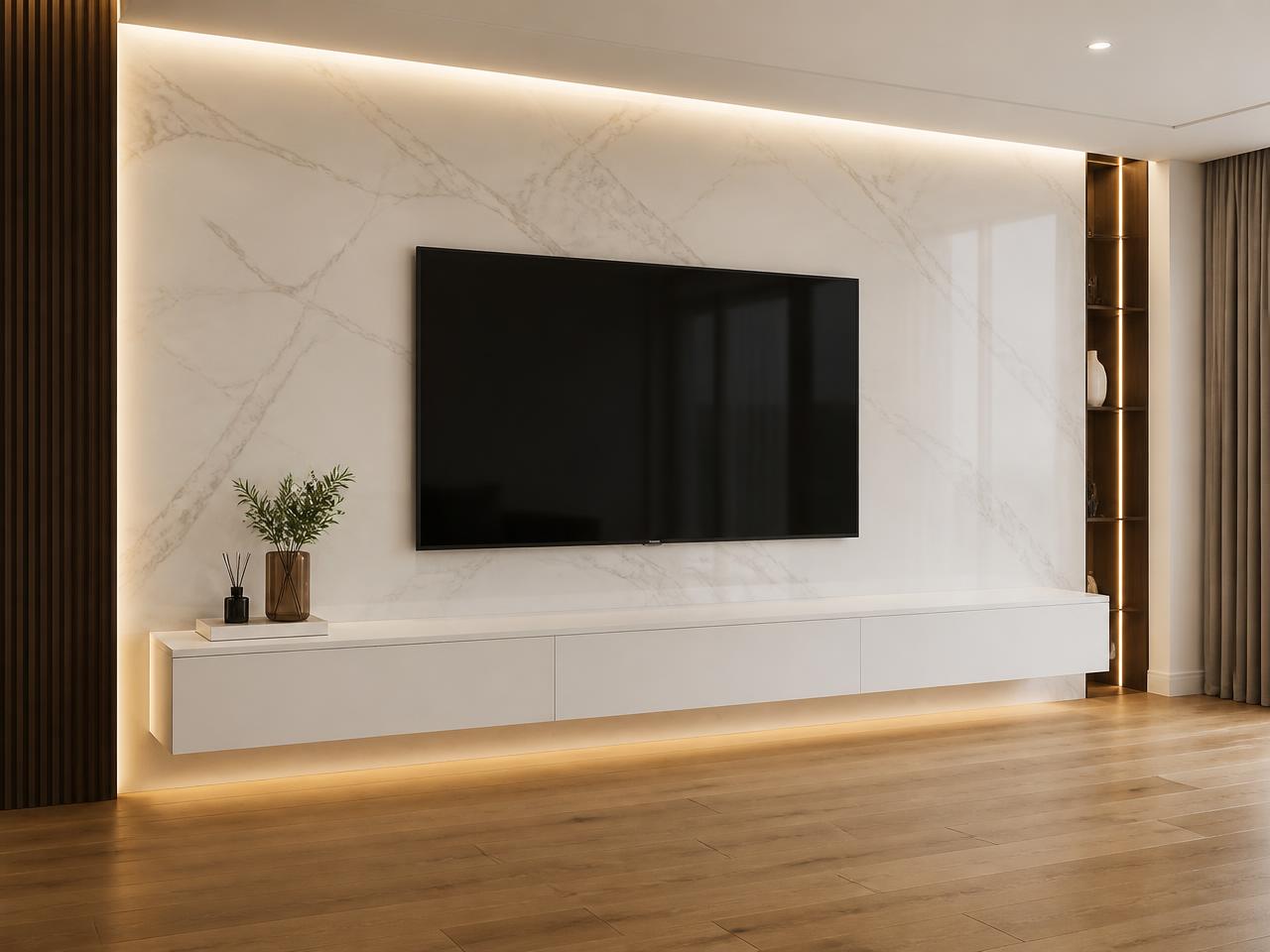 Painel de TV em mármore com móvel suspenso e iluminação indireta