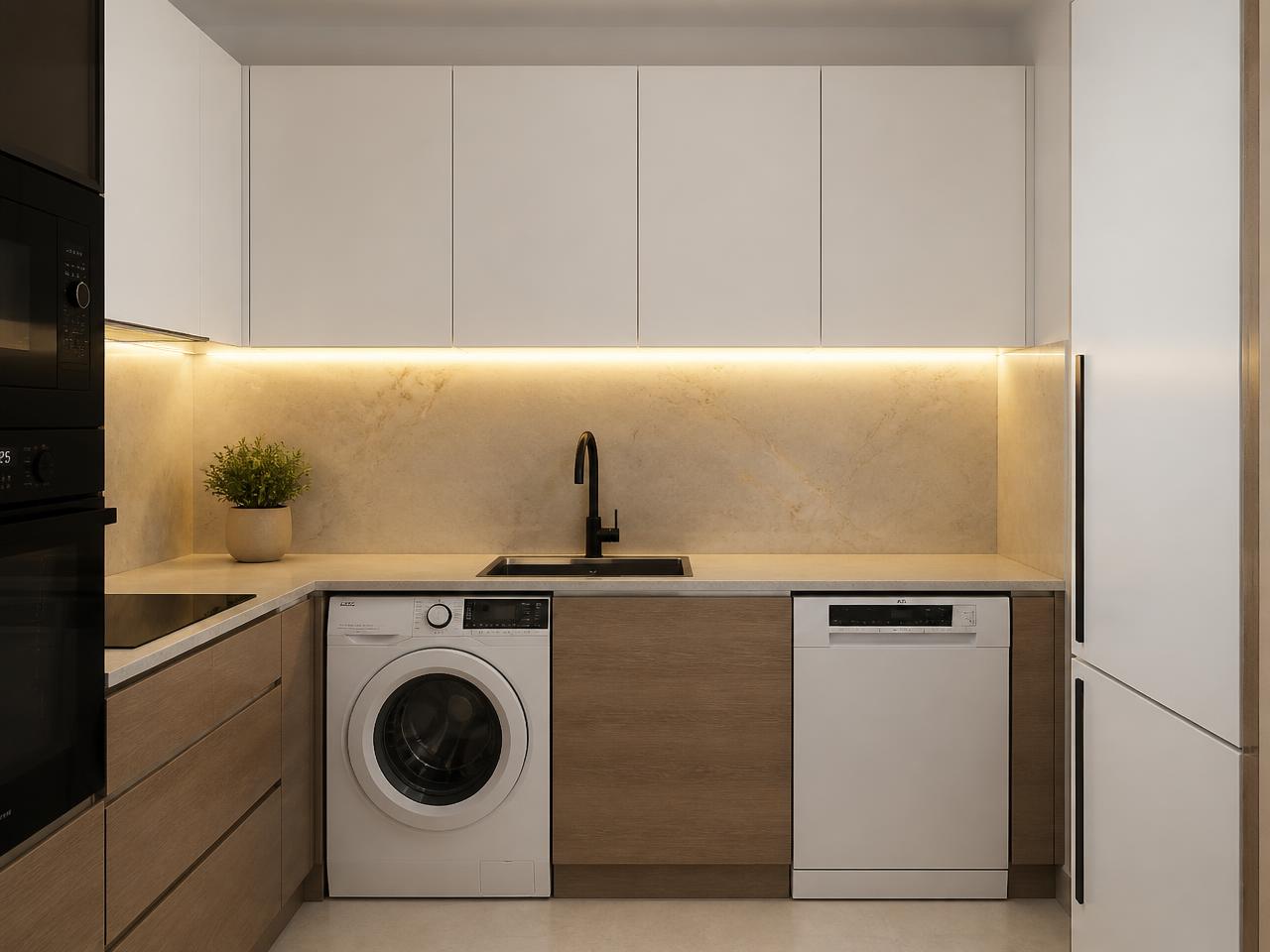 Cozinha compacta com eletrodomésticos encastrados e LED